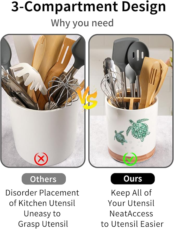 HAPPY KIT 7.6″ Extra Large Kitchen Utensil Holder, 360° Rotating Utensil Holder for Kitchen Counter with 3 Removable Compartment, Housewarming Gift & Farmhouse Decor(Turtle)