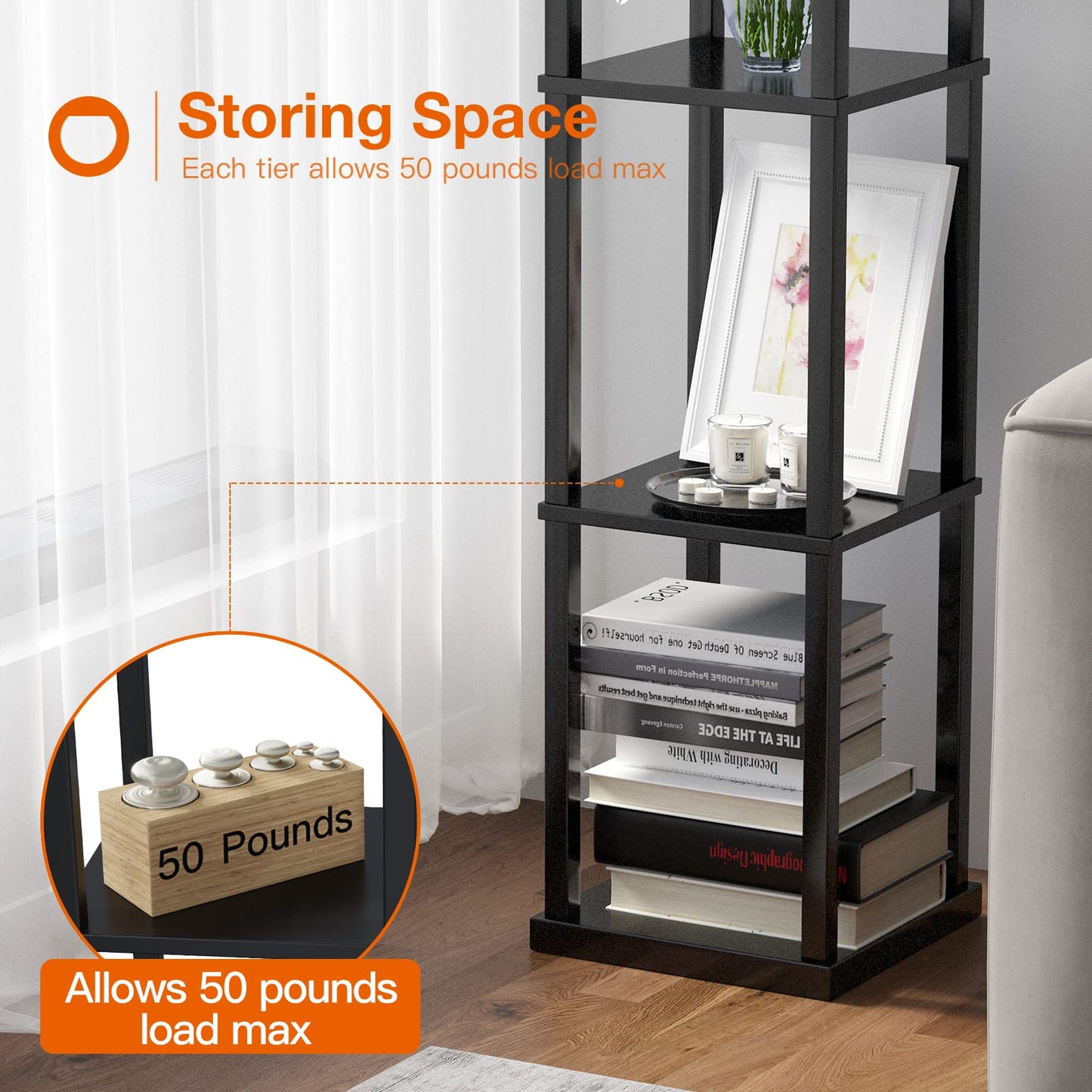 addlon Floor Lamp with Shelves, 70in H Modern Aluminum Design, Black, Model A130109912, Includes 3CCT LED Bulb