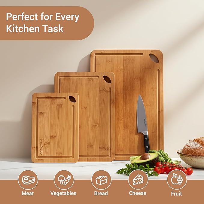 Carbonized Bamboo Cutting Board Set – 3-Piece Cutting Boards for Kitchen, Meat, Vegetables & Bread – Heavy-Duty, 100% Pure Bamboo, Odor & Water Resistant, Knife Friendly, Eco-Friendly