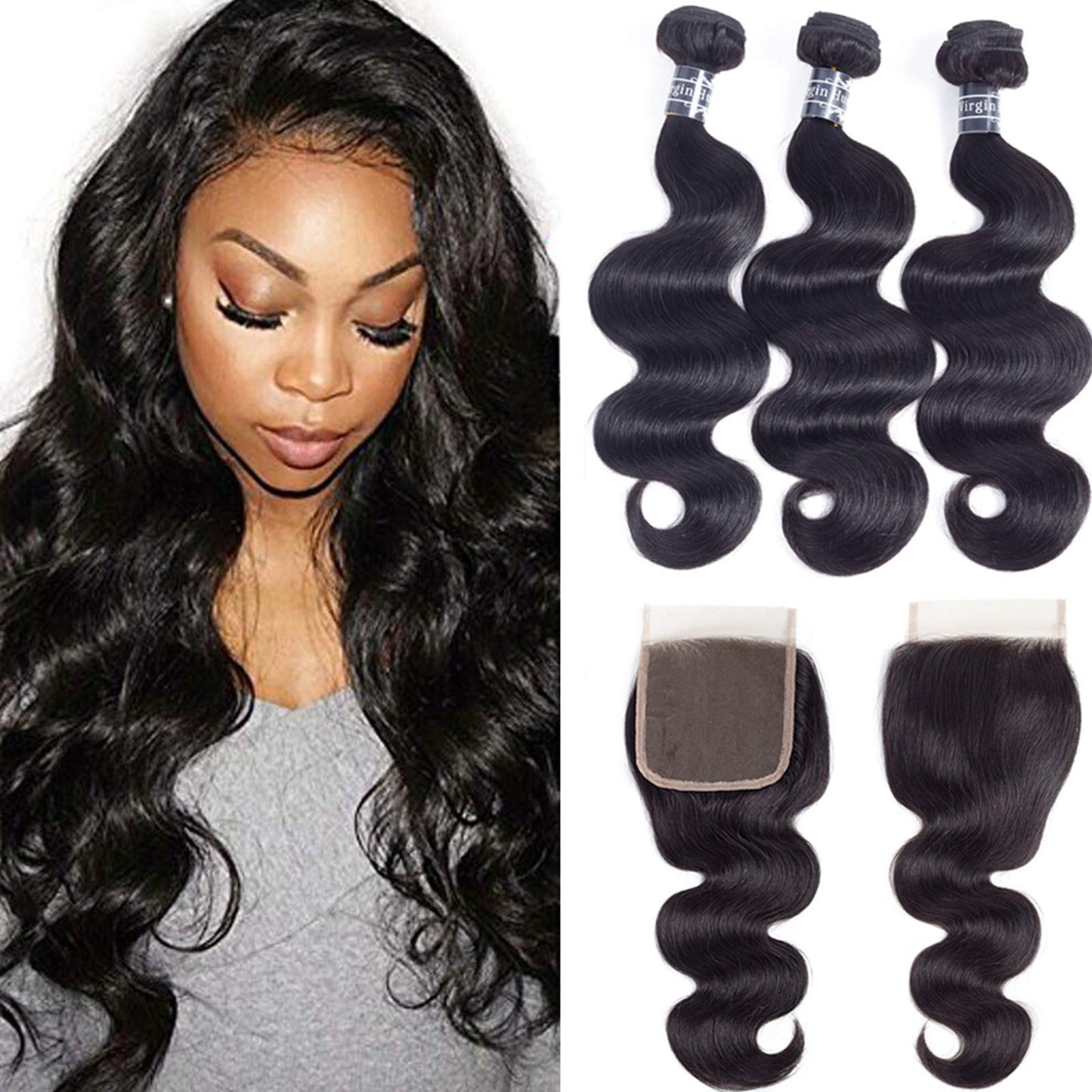 Amella Hair 8A Unprocessed Brazilian Body Wave Bundles with Closure (16 18 20 +16Closure,Natural Black Color) Virgin Brazilian H