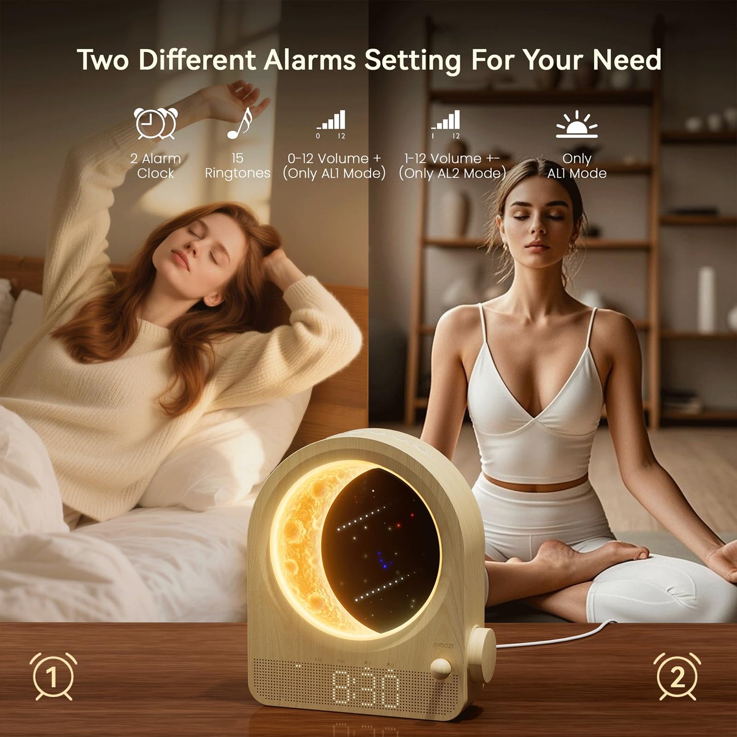 Blonbar Sunrise Alarm Clocks For Bedrooms  Stepless Dimmable Moon Lamp Dual Alarm Clock Wake Up Light With 12Levels Volume For Heavy Sleepers  10 Natural Sounds With Timer  Gifts For Women