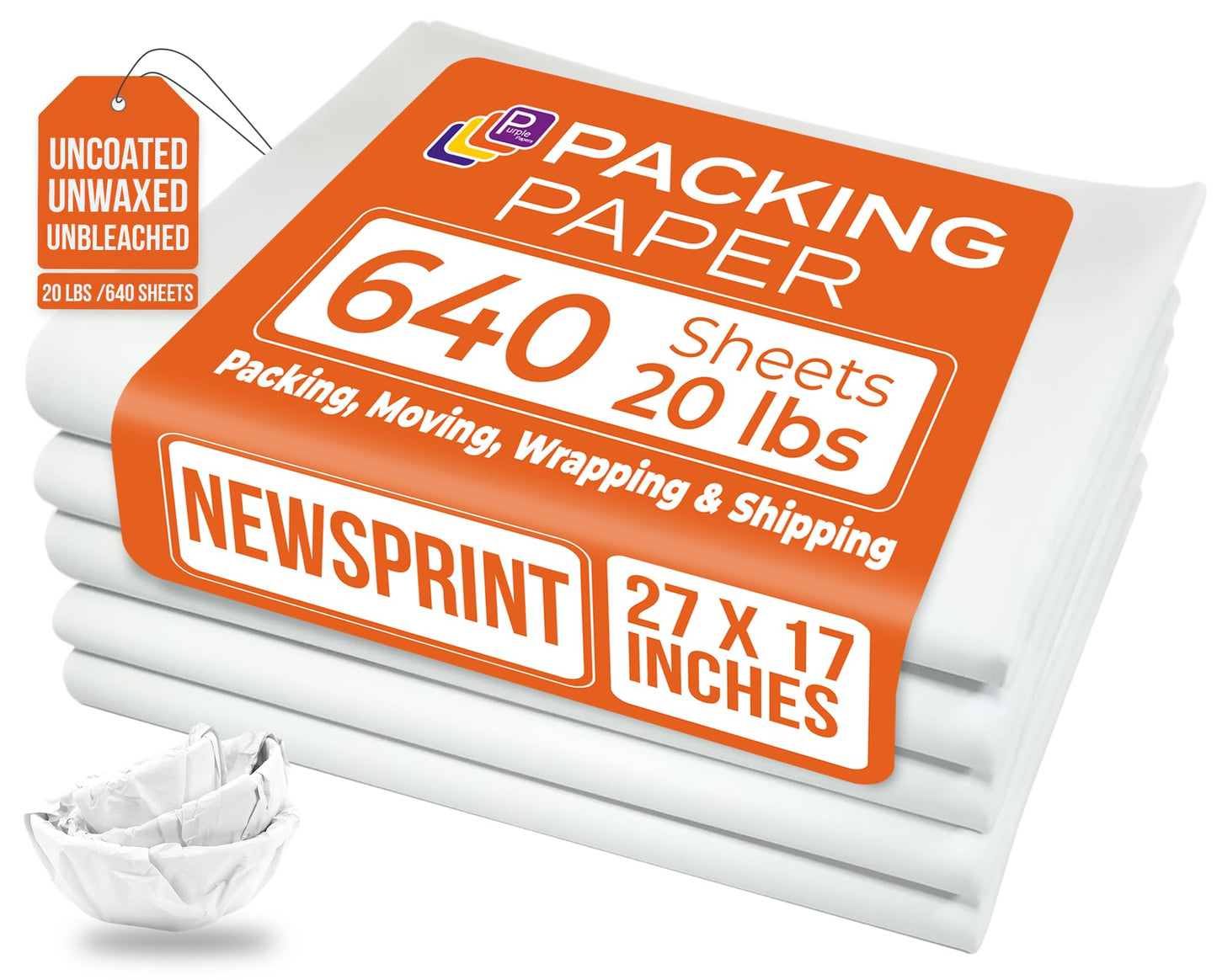 White Bulk Packing Paper Sheets for Moving | 640 sheets | 27" x 17" | 20 lb | Twin Pack | | Newsprint Wrapping Paper Sheets - Must Have in Your Moving Supplies, Packing Materials, Moving Paper Wrap