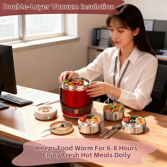 67oz Vacuum Insulated Lunch Food Container for Hot Food, 3 Tier Sealed Stackable Food Thermo, Adults Stainless Steel Wide Mouth Thermal Lunch Box, Leak-Proof Thermo Food Jar for Office & Outdoor(Red)