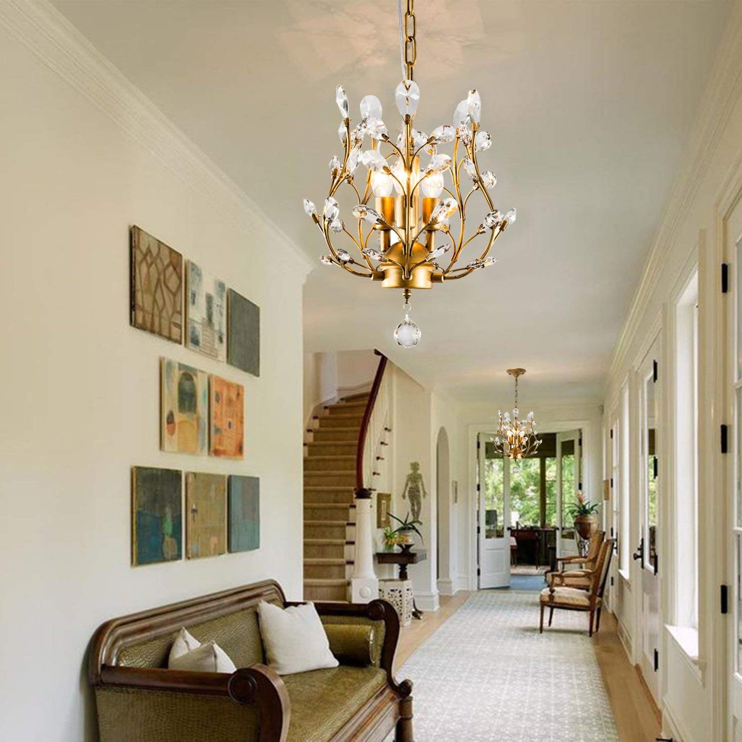 Ganeed K9 Crystal Chandelier - 3-Light Pendant Light, Golden Iron & Crystal, Ideal For Living Room, Bedroom, Restaurant, Hallway