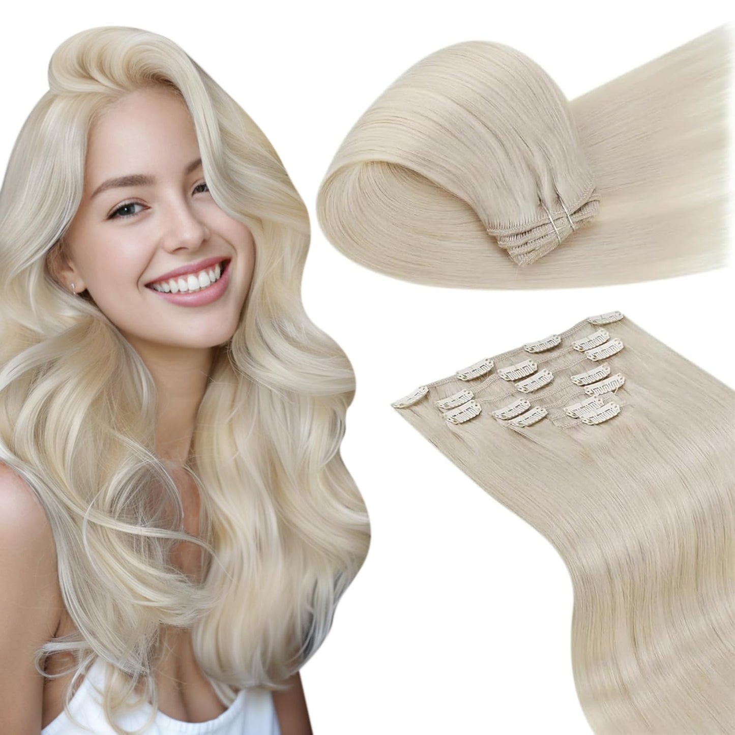 LaaVoo Human Hair Clip in Extensions Platinum Blonde Clip in Hair Extensions Real Human Hair Blonde Hair Extensions Clip ins Dou