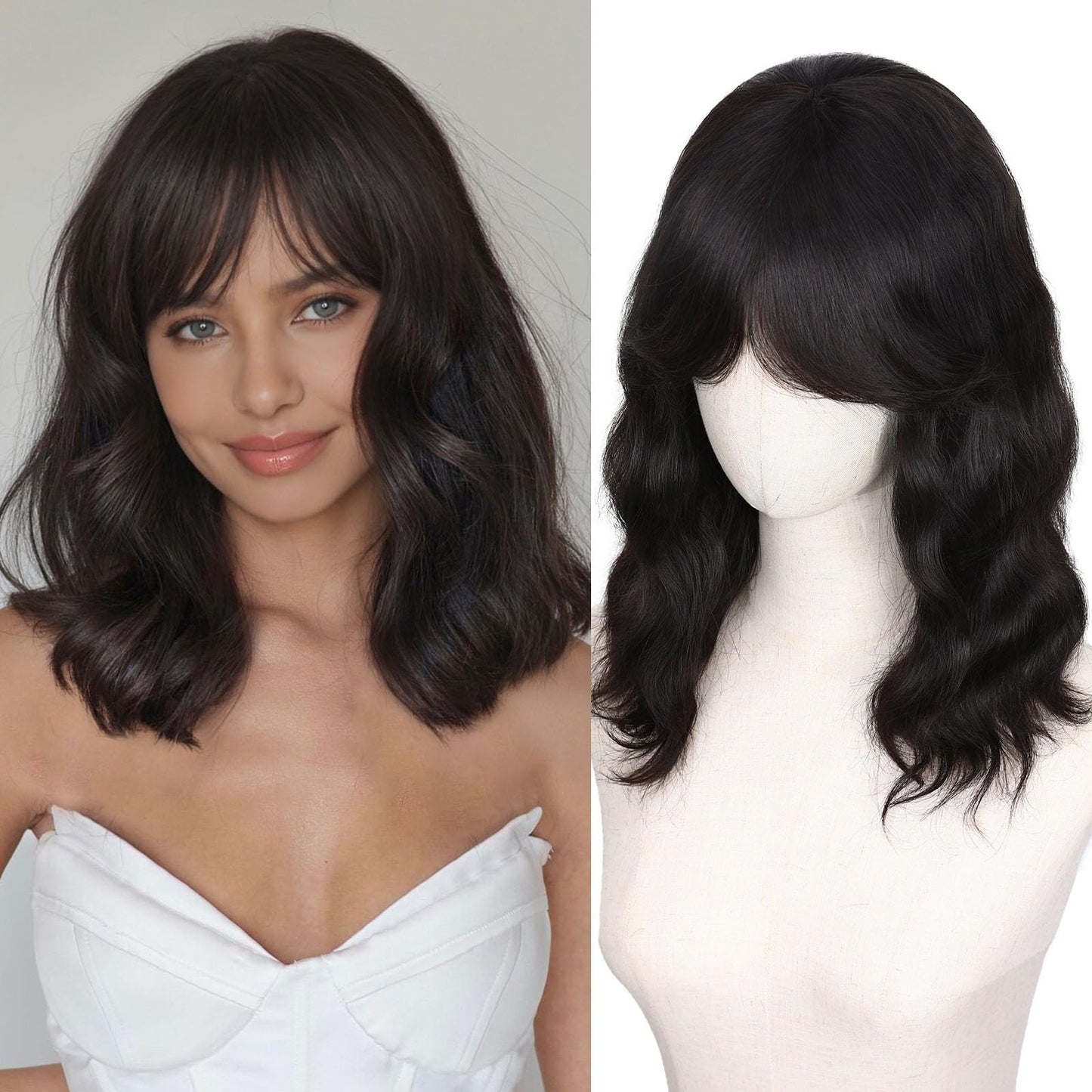 WIGNEE 100% Virgin Human Hair Natural Wave Wigs with Bangs Brazilian Human Hair Wave Wigs For Black Women Natural Black Color (1