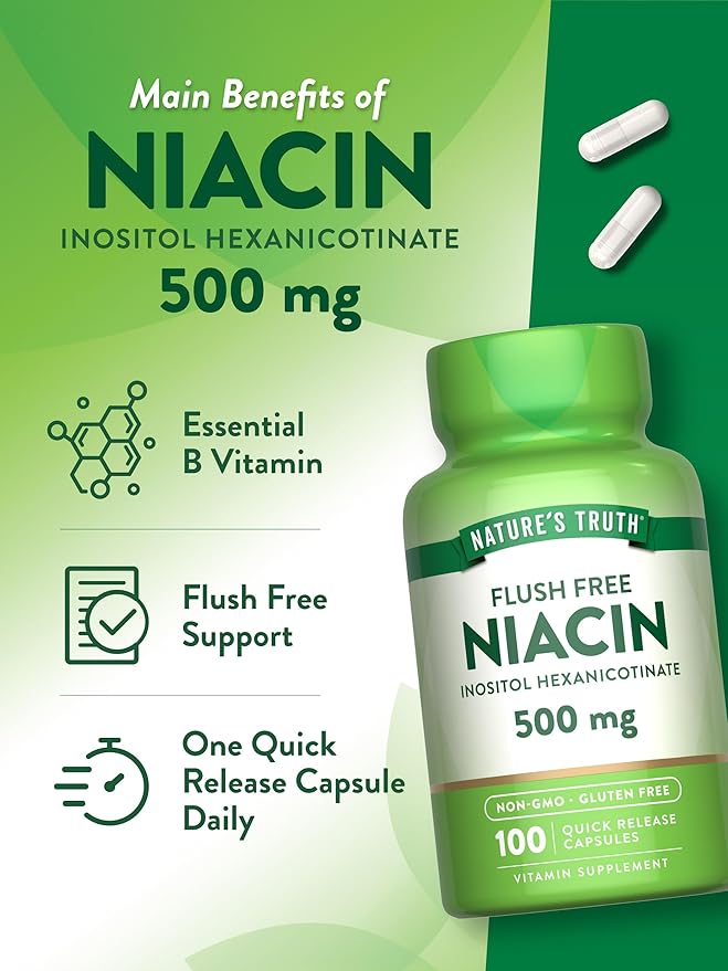 Nature's Truth Flush Free Niacin | 500mg | 100 Capsules | Non-GMO & Gluten Free Supplement