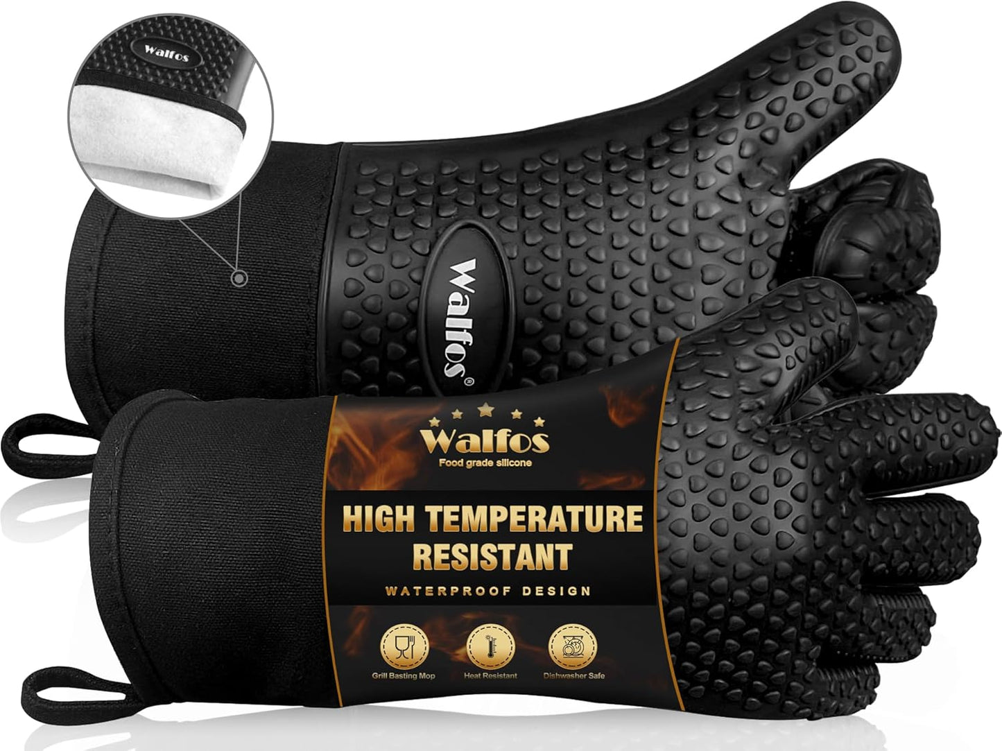 Walfos Silicone BBQ Gloves - Heat Resistant Grilling Gloves, Premium Non-Slip Kitchen Silicone Oven Mitt With Protective Cotton Layer Inside, Waterproof, Great for Grilling, Kitchen and Cooking, Black