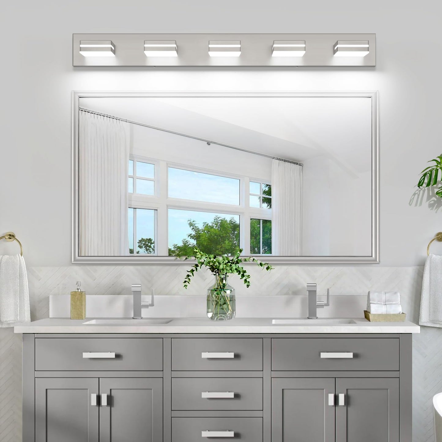 Sinerise Led Modern Bathroom Vanity Light Fixtures (5-Light  40-Inch  Dimmable)  Brushed Nickel Modern Acrylic Bathroom Wall Lighting Fixtures Over Mirror (Cool White 6000K)