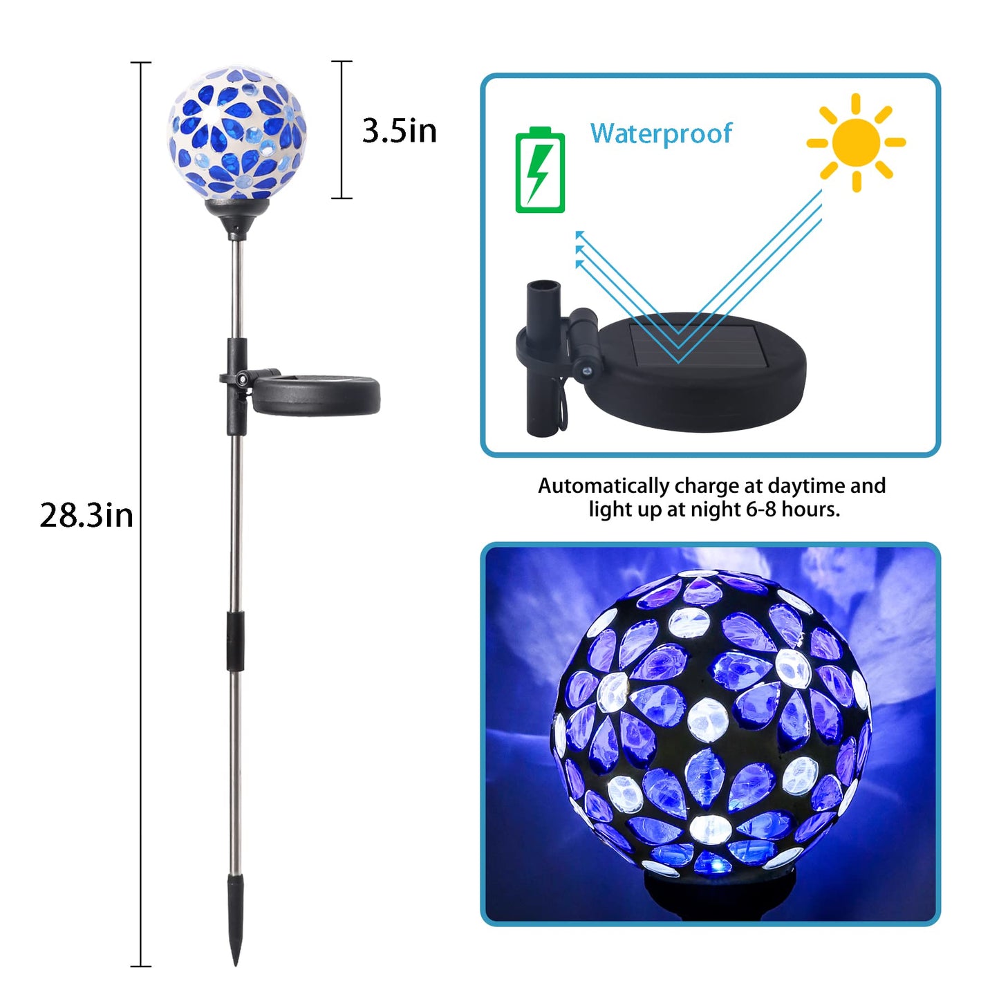 WNP Blue Outdoor Mosaic Solar Light Stake - Waterproof Glass Flower Petal Ball Decor for Garden, Yard, Path