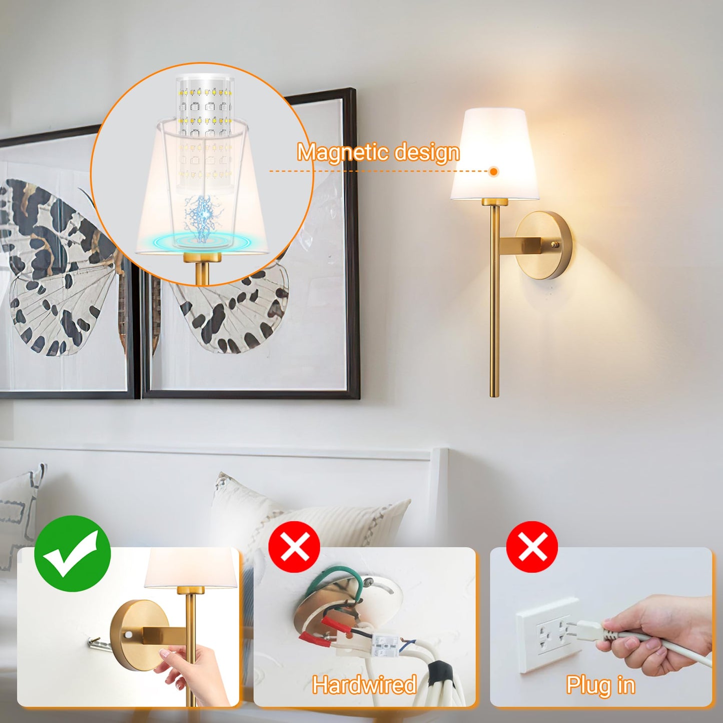 Nekhung Battery Operated Wall Sconces Set of 2, RGB Rechargeable Magnetic Bulb, Brass, 21 inch, Remote Control, One Size