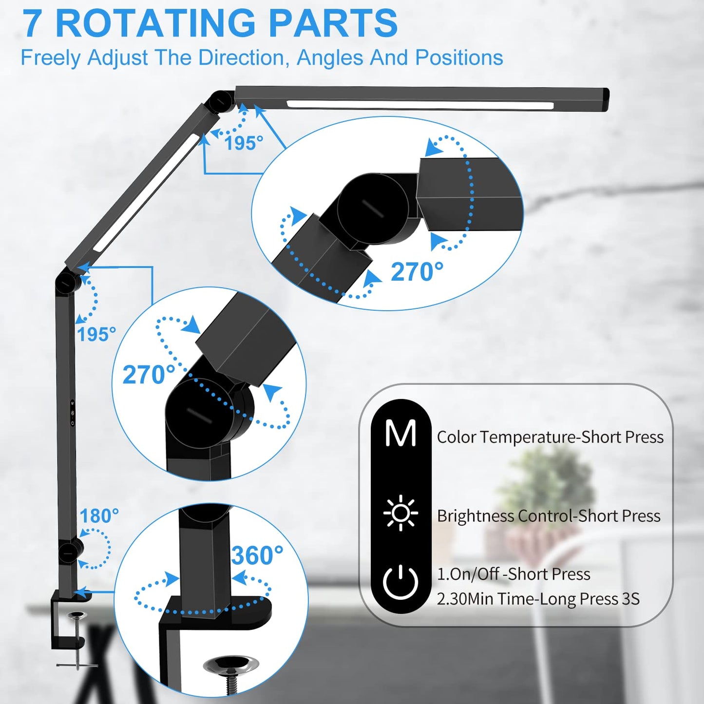Micomlan LED Desk Lamp - Black, Adjustable Swing Arm, 4 CCT Modes, 5 Brightness Levels, Clip-on Eye-Care Light for Home Office