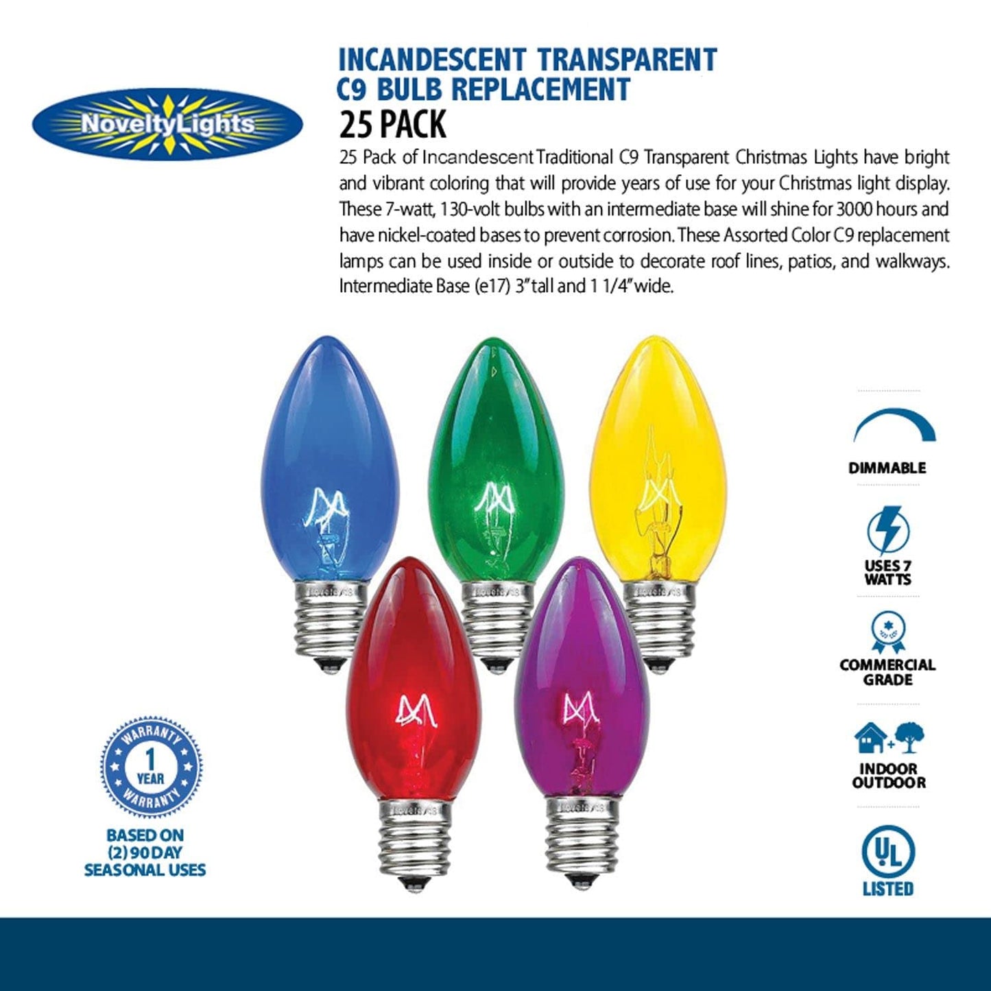 Novelty Lights C9 Outdoor Christmas Bulbs, Clear Glass, E17/C9 Base, 7 Watt, 5 Pack