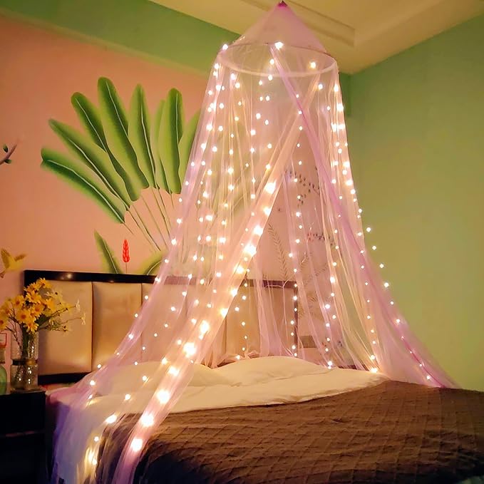 Eimilaly Two-Tone Bed Canopy Mosquito Net Pink Purple with Warm Lights, Bed Canopy for Girls Room Decor, Single Door