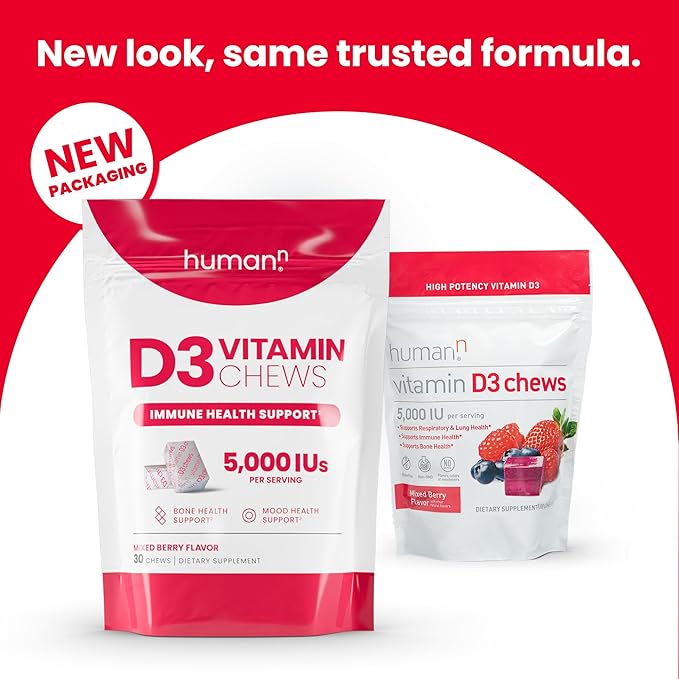 HumanN Vitamin D3 Chews - High Potency Vitamin D 5000iu (125mcg) Helps Support Healthy Mood, Immunity, Respiratory Health & Bone Health, Mixed Berry Flavor, 30-Count