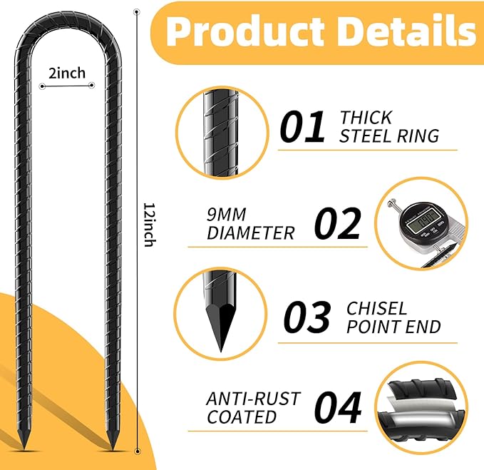 12inch Rebar Stakes, 8 Pack U Hook Ground Anchors, Heavy Duty Rust Proof Coated Steel Ground Stakes Ground Anchors, Garden Stake Metal Stakes Tent Stakes Trampoline Anchors Trampoline (Black)