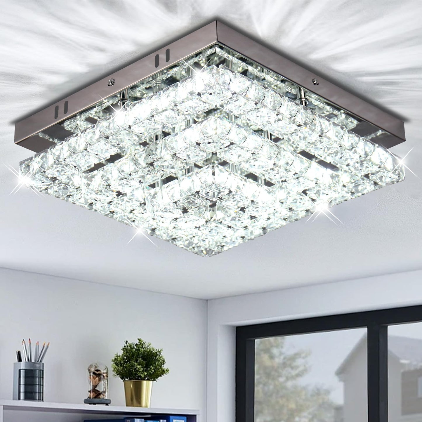 Cainjiazh LED Crystal Flush Mount Chandelier 11.8in Square Ceiling Light Cool White Stainless Steel for Bedrooms Hallway Kitchen Office