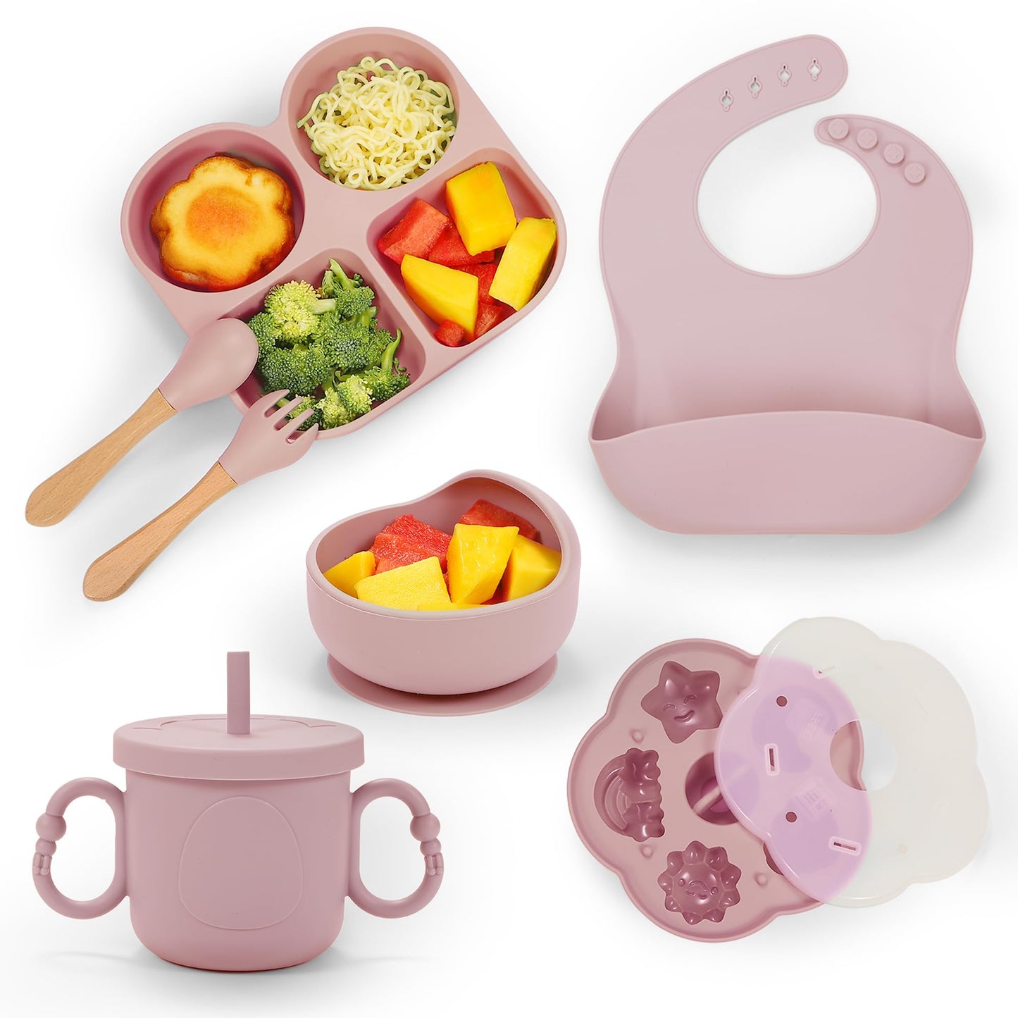 MIICASA Silicone Baby Feeding Set, Baby Led Weaning Supplies, Baby Food Tableware Silicone Suction Plate, Bowl, Spoons, Fork, Waterproof Bib, Cup & Complementary Food Cake Mold, Baby Eating Utensils