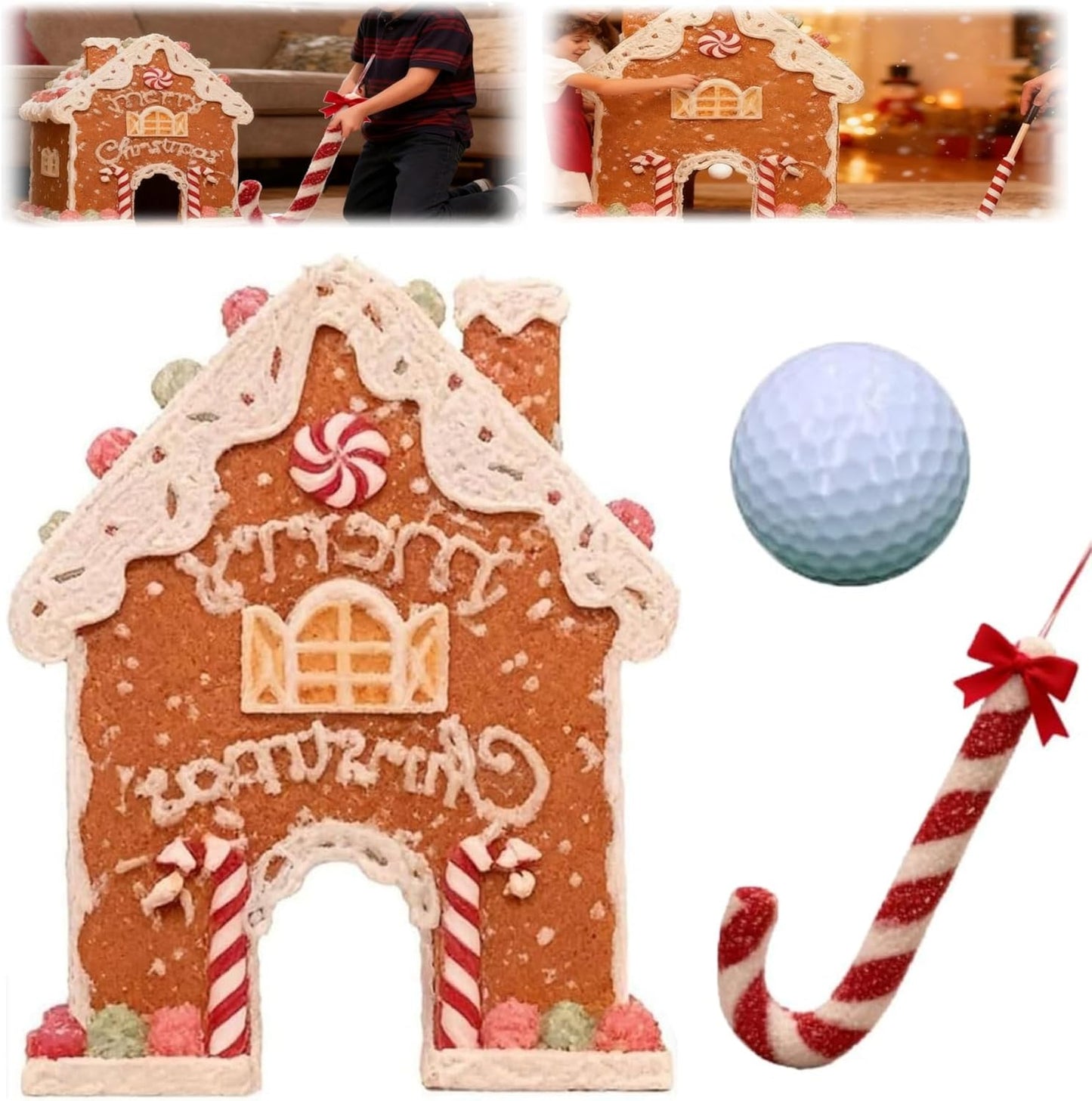 Gingerbread Golf Game Set, Christmas Mini-Golf Course,Portable Mini Golf Course Set,Christmas Indoor Golf Toy with Candy Cane Clubs and Gingerbread House Target (1PC Ball)