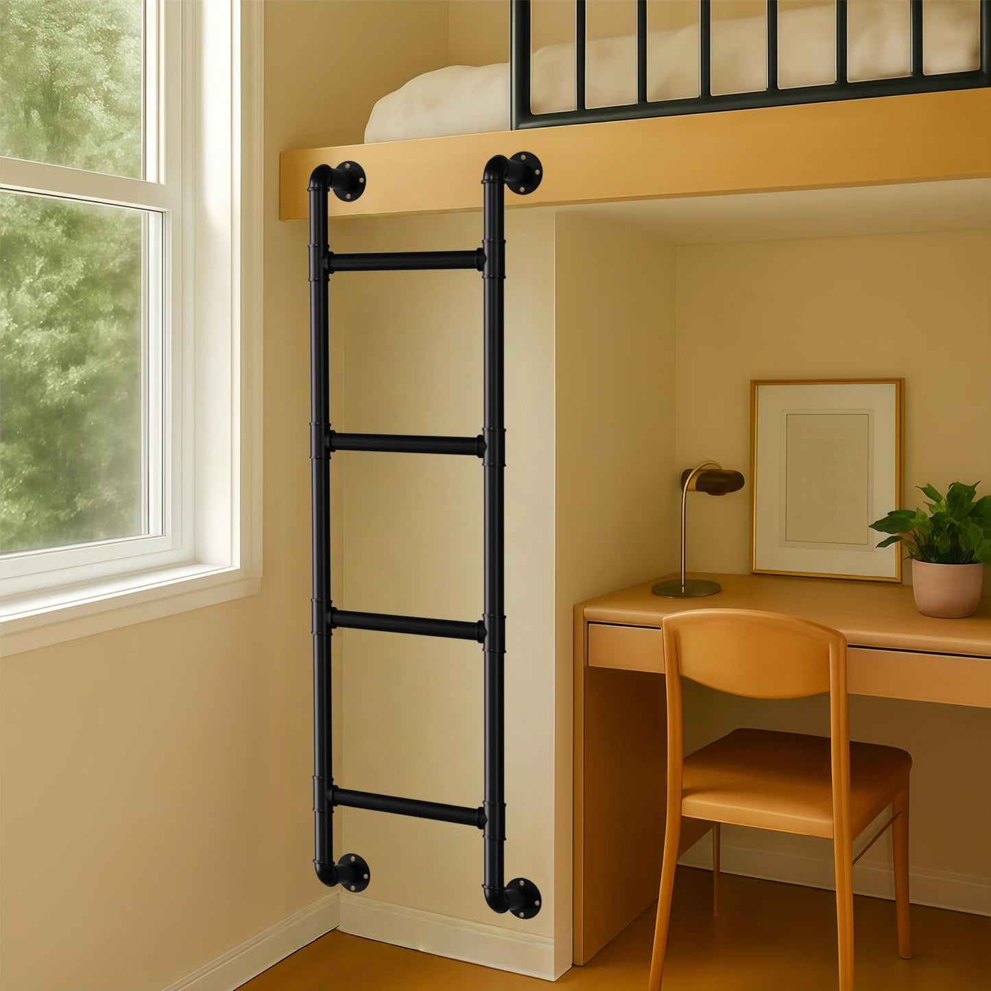 Black 4-Step Wall Mounted Steel Ladder, 4FT Egress Window Well Loft Ladder for Bedroom, Bunk Bed, Camper, Dorm – Wall/Floor-Mounted Indoor Climb Step for Small Space, Blanket Rack, Basement, Gym
