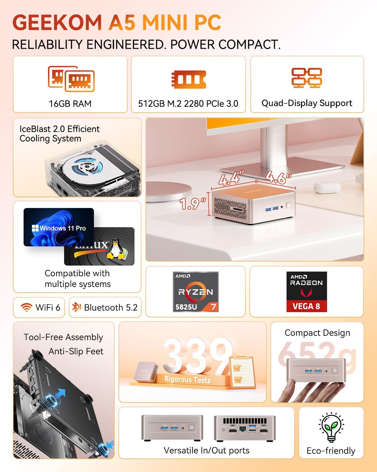 Geekom A5 Mini Pc With Amd Ryzen 7 5825U, 3-Year Coverage, 16Gb Ram&512Gb M.2 Nvme Ssd, Windows 11 Pro Desktop Computer, Vega 8