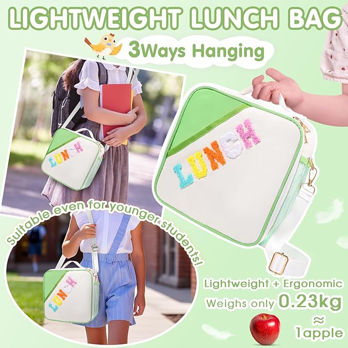 Lunch Bag Kids,Insulated Lunch Bag With Adjustable Shoulder Strap,Reusable Lunch Bag for Kids, Girls,Boys, lunch Bag Women,Preppy Lunch Box for School,Travel, Picnic (green)