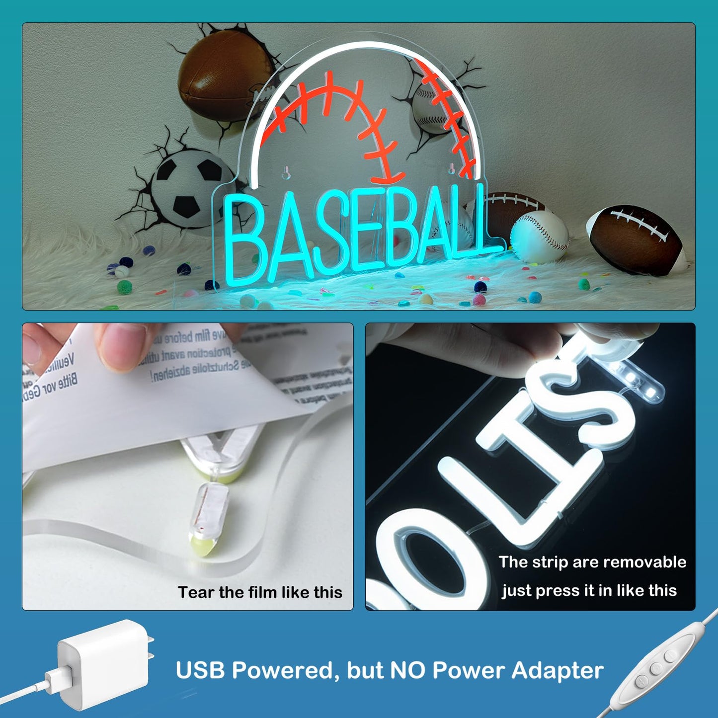 Wanxing Led Neon Baseball Sign - Blue Usb Powered Wall Decor Light For Kids, Living Room, And Shop - Stylish Red, White, And Blue Design