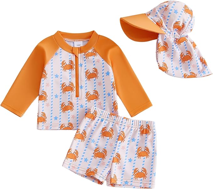 Toddler Boy Swimsuit Crab Print Long Sleeve Rash Guard Shirt Swim Trunks Sun Cap 3 Piece Baby Bathing Suit