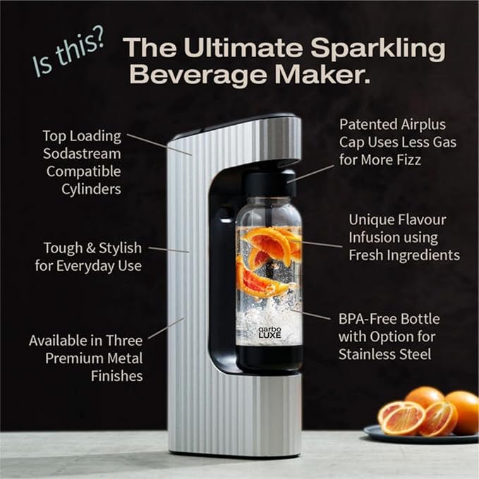 Twenty39 qarbo LUXE Premium Metal Sparkling Water Maker Machine - Soda Beverage Carbonator for Home, Seltzer Water Carbonation Fizz Maker (includes two CO2 cylinders)