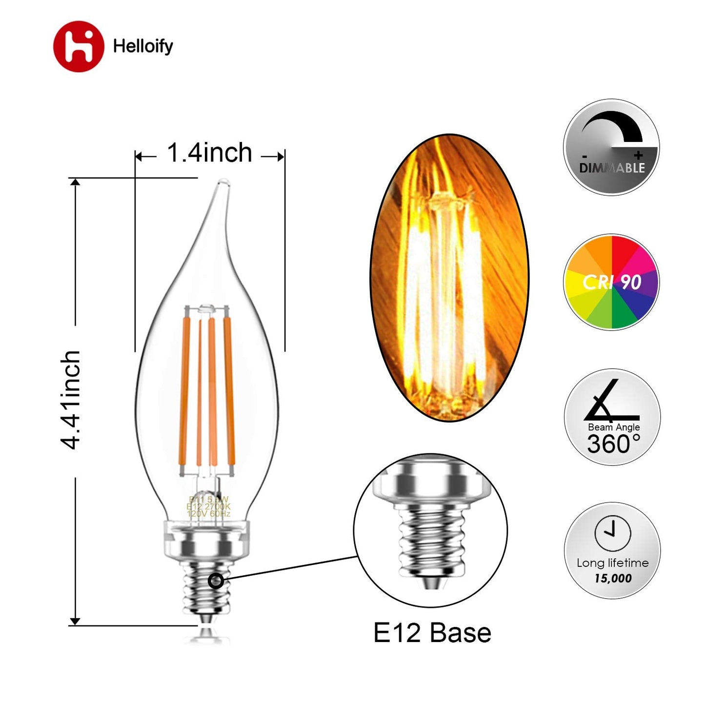 Helloify Vintage Led Edison Bulbs, 5.5W Dimmable, 2700K Soft White, E12 Base, 6 Pack, Clear Glass, 500Lm, Model Ba