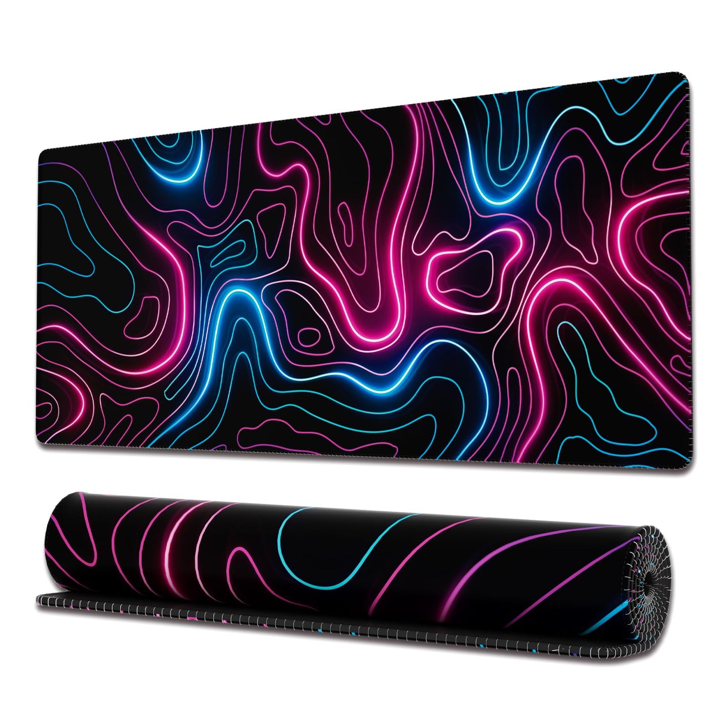 Ovenbird Gaming Mouse Pad with Stitched Edges, Topographic Map Pink Extended XL Mousepad with Anti-Slip Base, Cool Neon Large Mouse Pad for Desk, 31.5 x 11.8 in, Pink and Blue