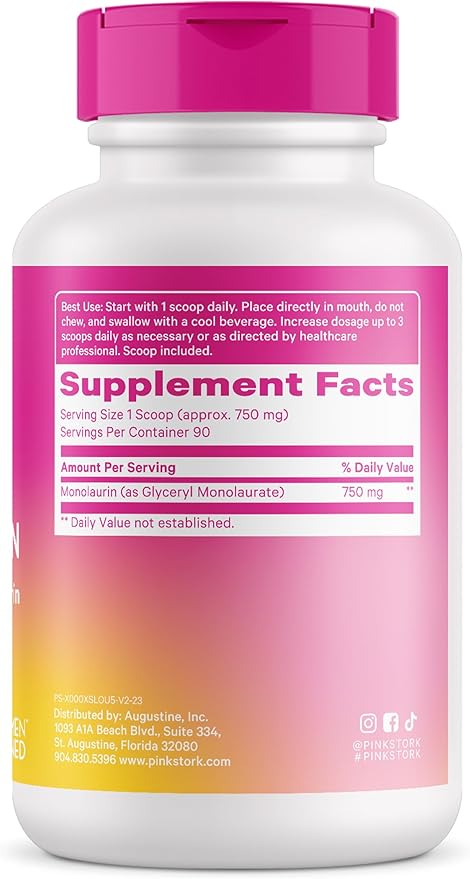 Pink Stork Total Monolaurin Supplement - Gut Health, Immune Support, Metabolism and Digestive Wellness, Vaginal Health, Morning Sickness Support, Pregnancy Must Haves, Concentrated Monolaurin, 2.4oz