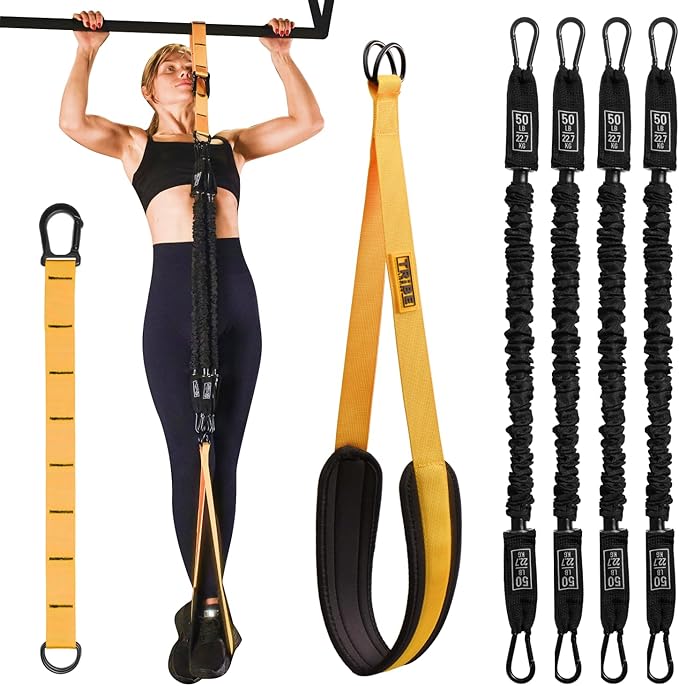Pull Up Assistance Bands Set - 4 Heavy-Duty Pull Up Bands, Height Adjustable Strap & Comfortable Foot Strap - Stackable Pu...