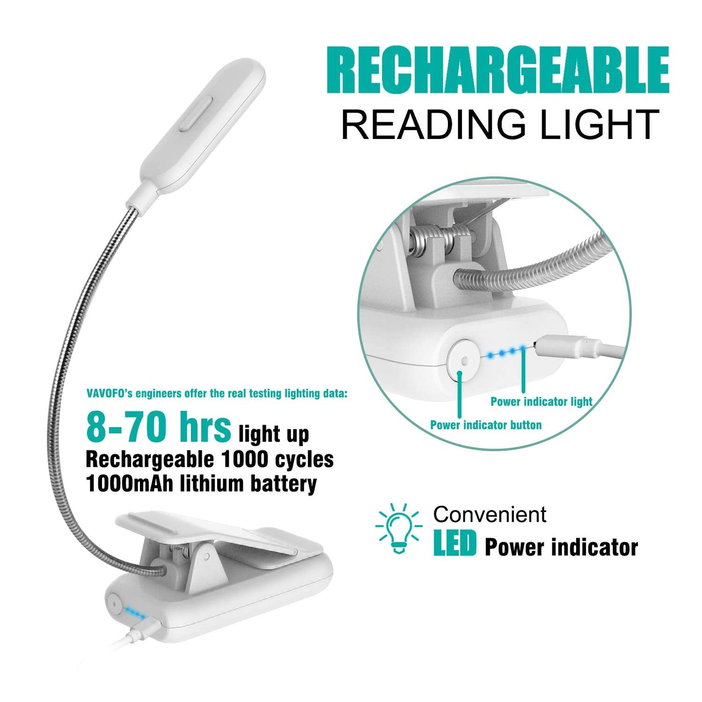 VAVOFO Clip On Reading Light, 7 LEDs, 3 Color Temperatures, 9 Brightness Levels, 1-Pack, White, Model KM-6720A