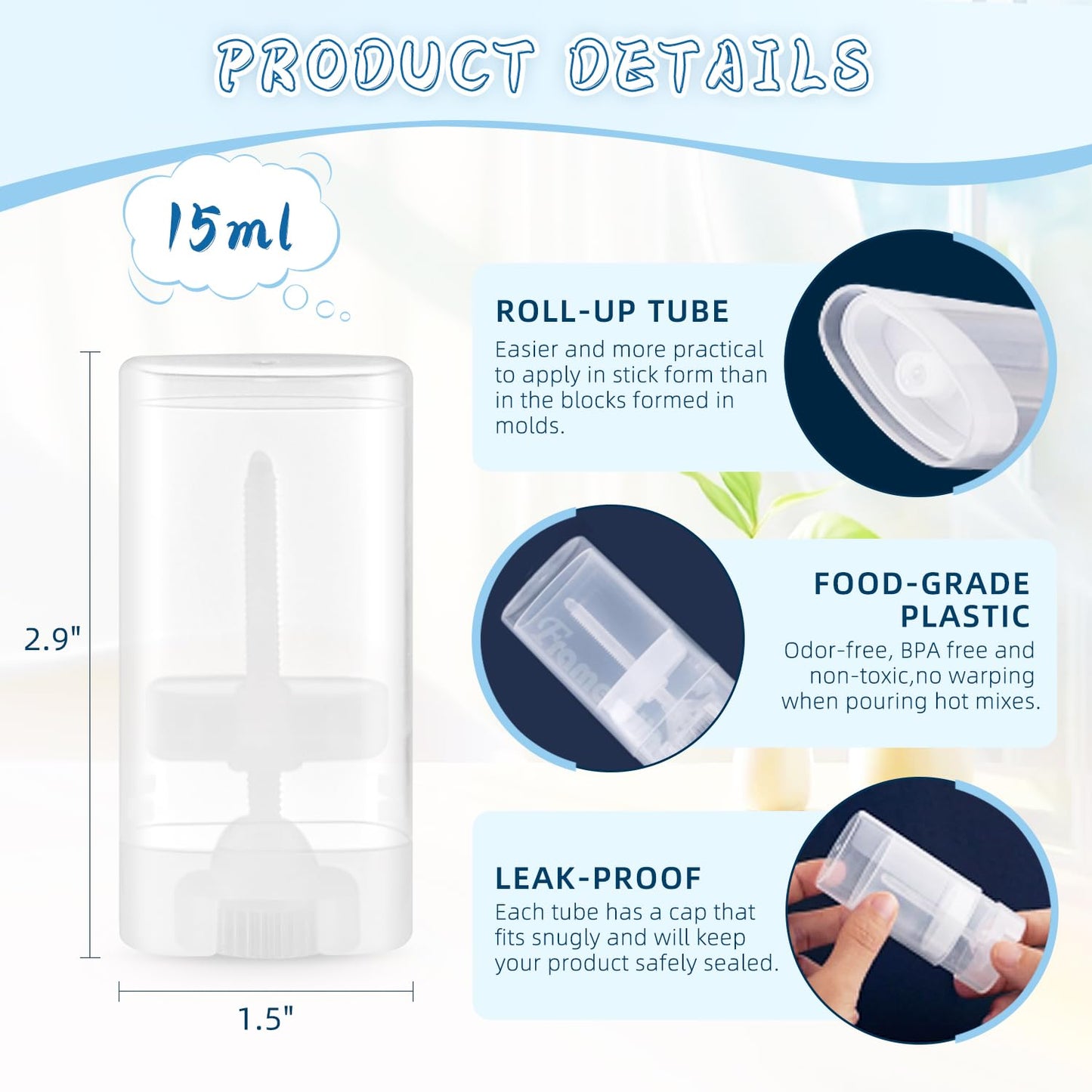 50 Pack 0.5 oz/15ml Clear Deodorant Container,Empty Oval Twist-Up Plastic Tubes Portable Containers for Chapstick,Large Lip Balm