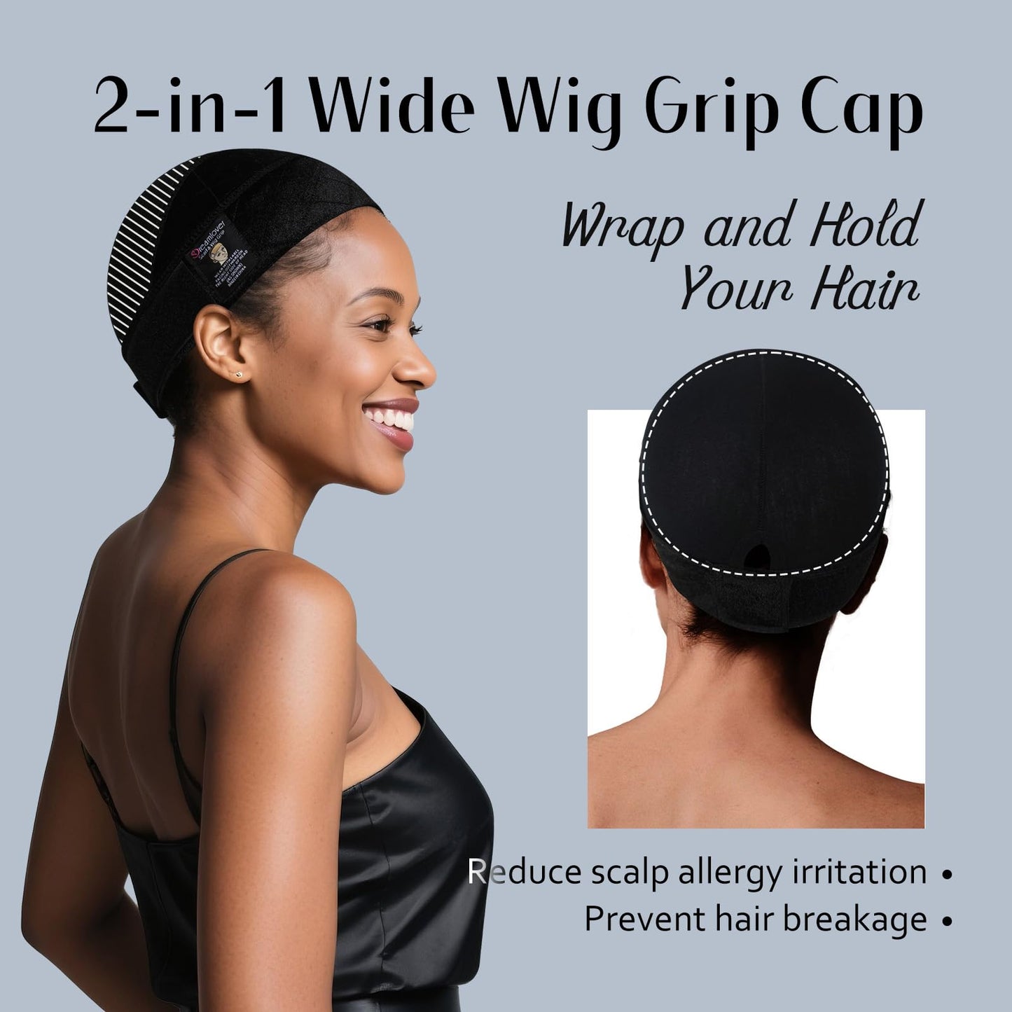 Dreamlover Wide Wig Grip Cap for Lace Front Wigs, 2-in-1 Black Adjustable Wig Caps with Wig Gripper Band for Women, 1 Piece