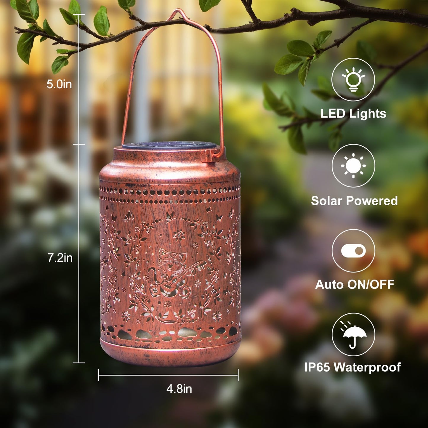 YISITEONE Cat Outdoor Solar Lanterns, Metal Hanging Lights, Waterproof, Brown, 4 Pack, Model ES04250500009
