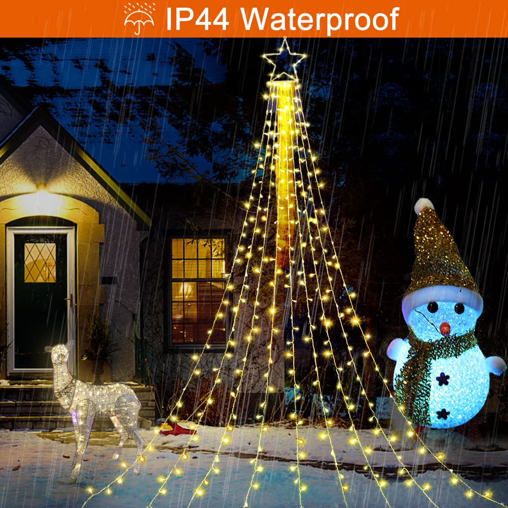 FUNIAO Christmas Decoration Lights, 320 LED Waterfall String Lights with 12in Star Topper, Warm White, Model YLS1000WD01