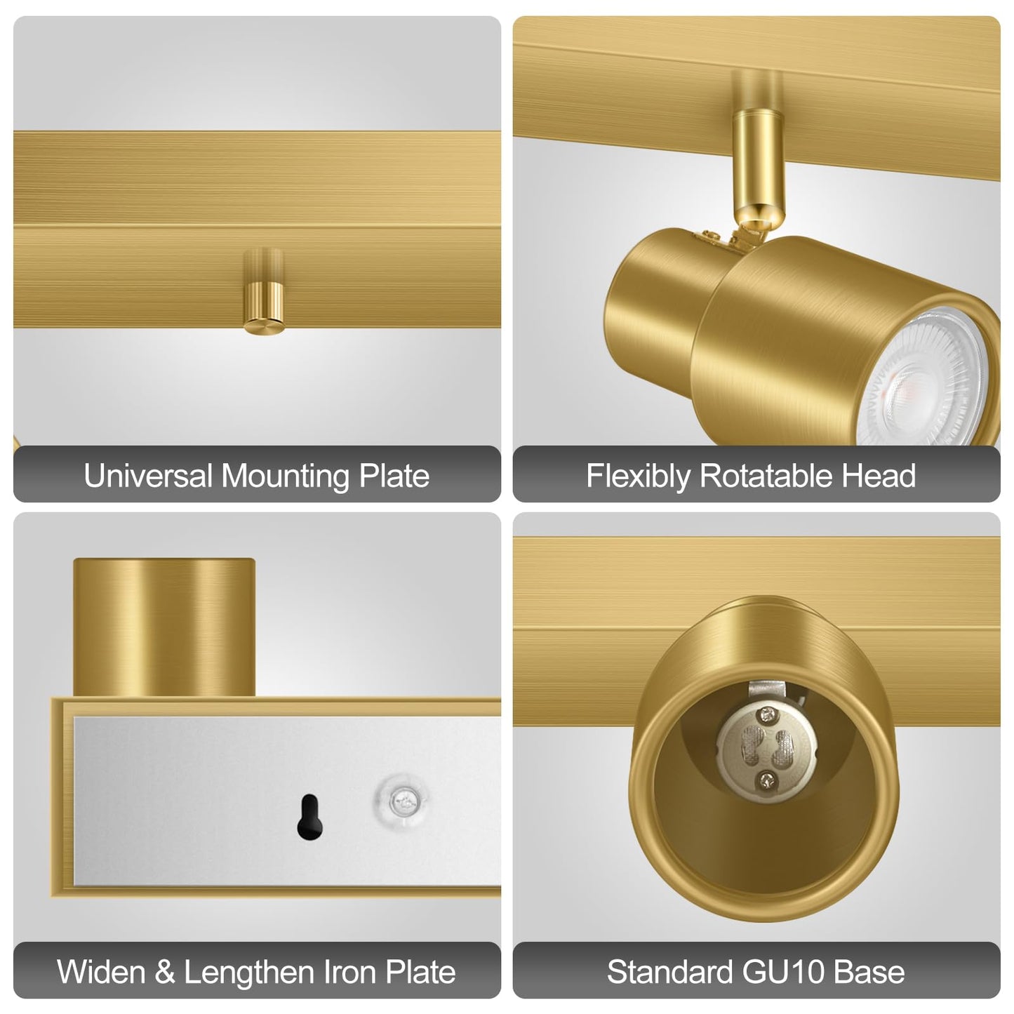 Plug in Track Lighting, 23" LED Track Light Fixtures Ceiling, Gold 4 Way Spotlight, Rotatable Light Head, Plug in Ceiling Light with Power Cord, Plug Wall Light for Kitchen Hallway Bar(GU10, NO Bulb)