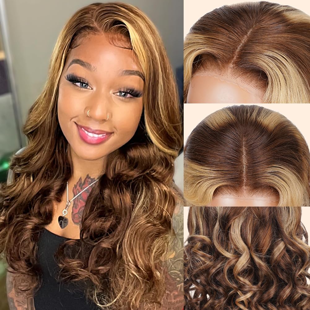 Highlight Ombre 5x5 Pre Plucked Pre Cut Lace Front Wigs Human Hair 4/27 Colored Bouncy Body Wave Lace Frontal Wig Honey Blonde O