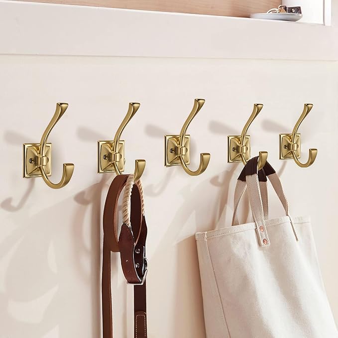 Large Wall Hooks 5 Pack Brushed Gold Coat + Towel Hooks (4.35 Inch Double Robe Hooks) - Mounted with Screws for Key, Towel, Bags, Cup, Hat