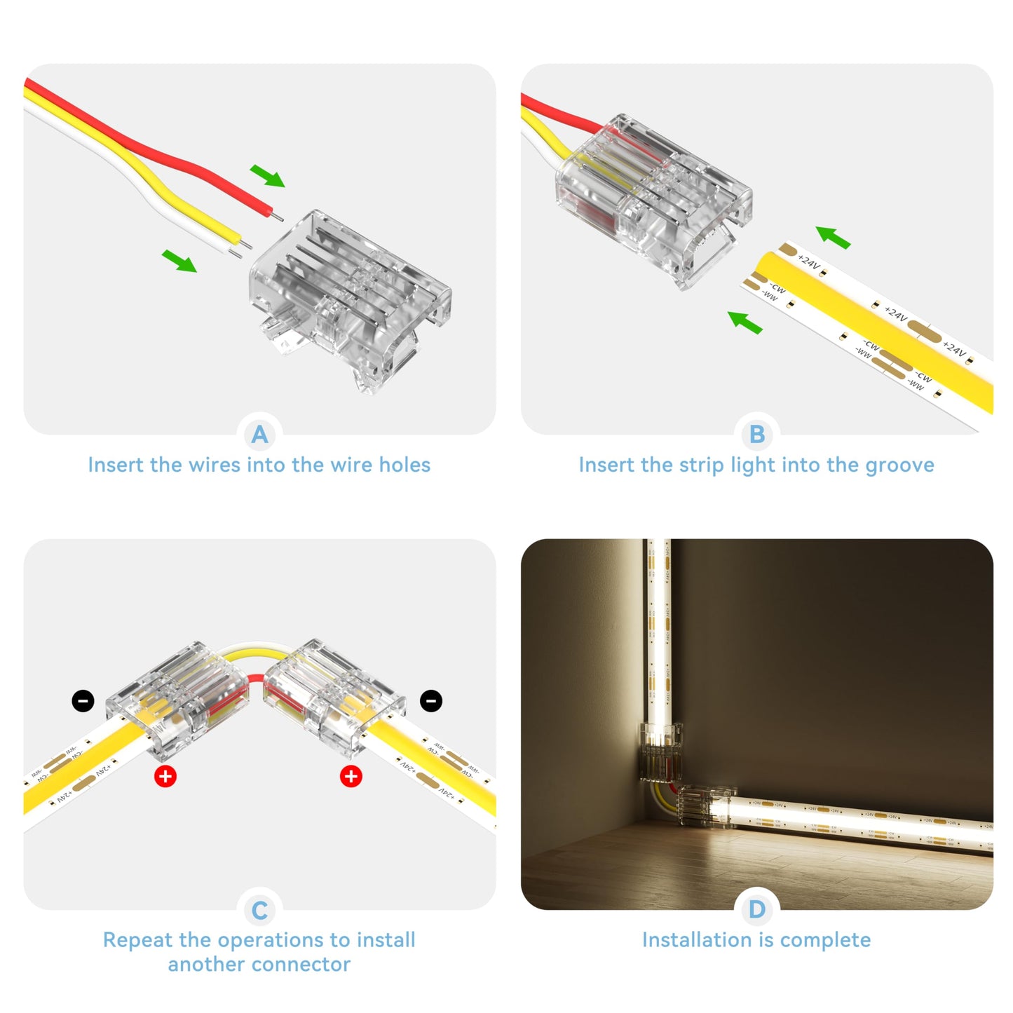 PAUTIX 10mm Connectors for 3-Pin CCT COB LED Strip Lights,20pcs Strip to Wire Connectors,10ft(305cm) Long 22AWG Extension 3 Wires for Non-Wired Gapless Solderless,5V 12V 24V LED Strip Lights Jumper