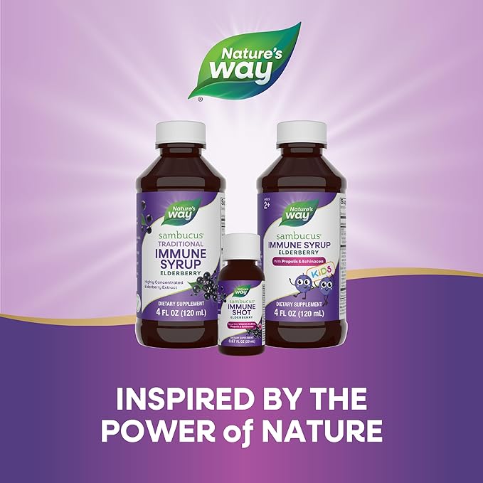 Nature's Way Sambucus Immune Syrup Single Shot, Daily Immune Support*, Elderberry, Vitamin C, Zinc, 0.67 Fl Oz x 12 (Packaging May Vary)