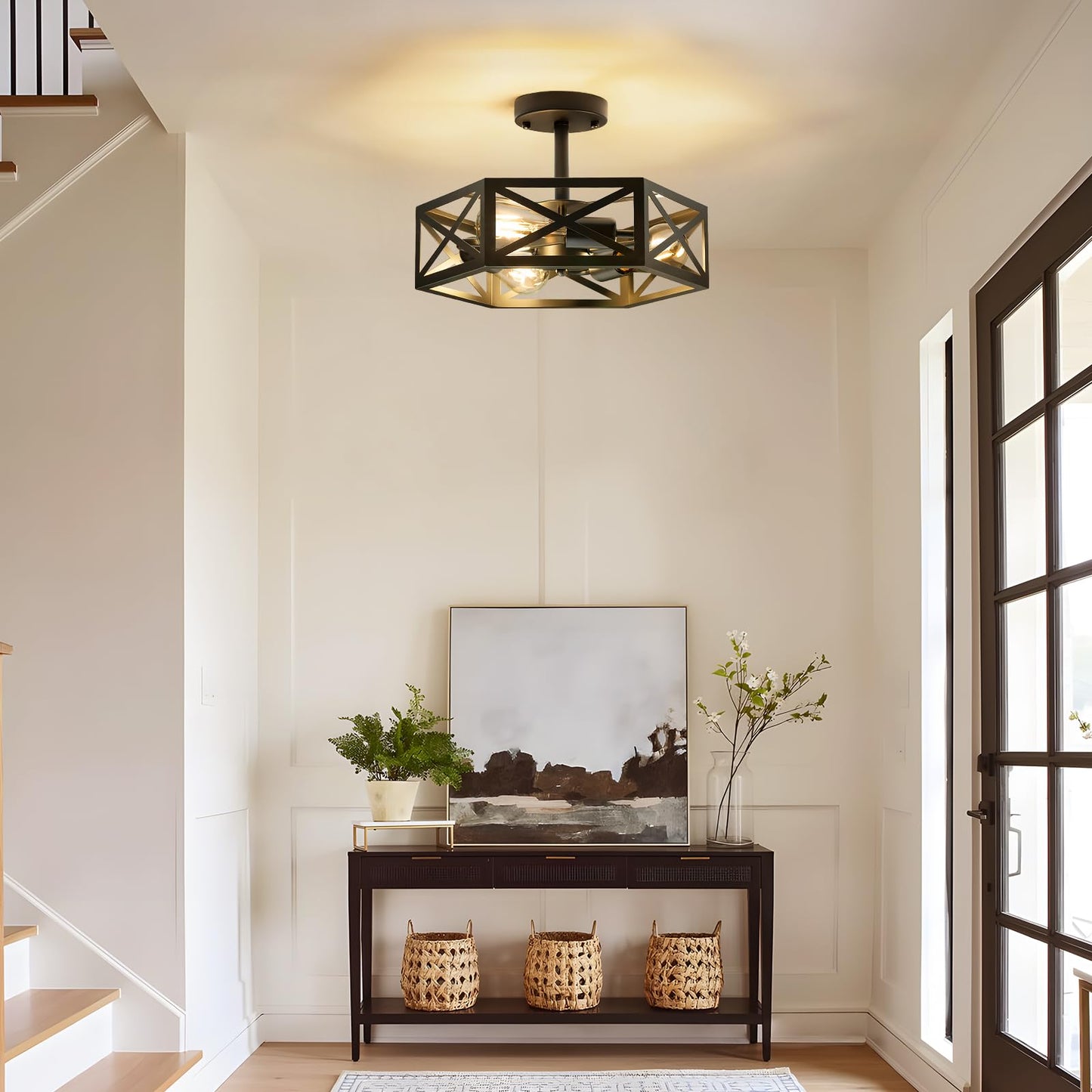 Oteedo Modern Semi Flush Mount Ceiling Light 3-Light Hexagon Flush Mount Ceiling Lights For Dining Room Light Fixture Farmhouse Black Metal Kitchen Island Lighting Fixtures For Hallway Bathroom