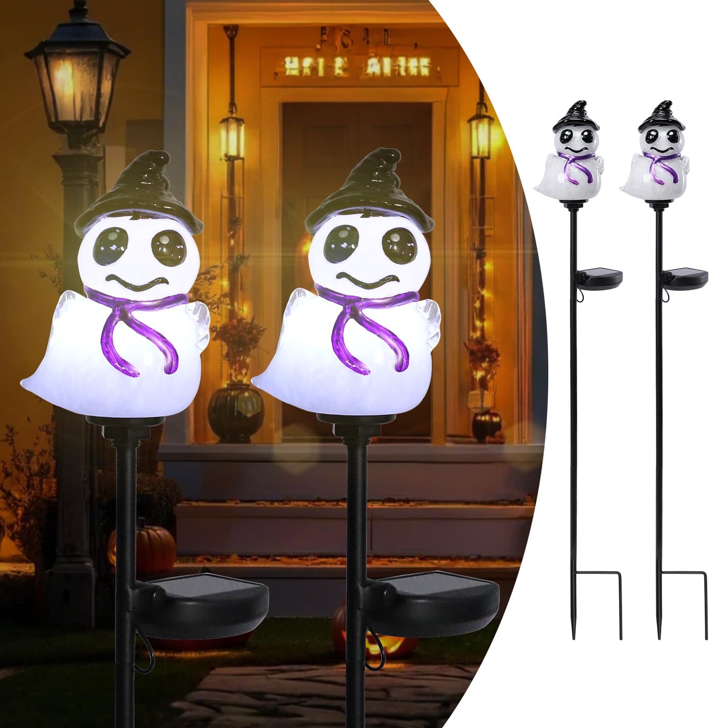 Bshine 2 Pack Halloween Ghost Solar Lights Hand Blown Glass Waterproof Outdoor Halloween Decorations Solar Led Decor