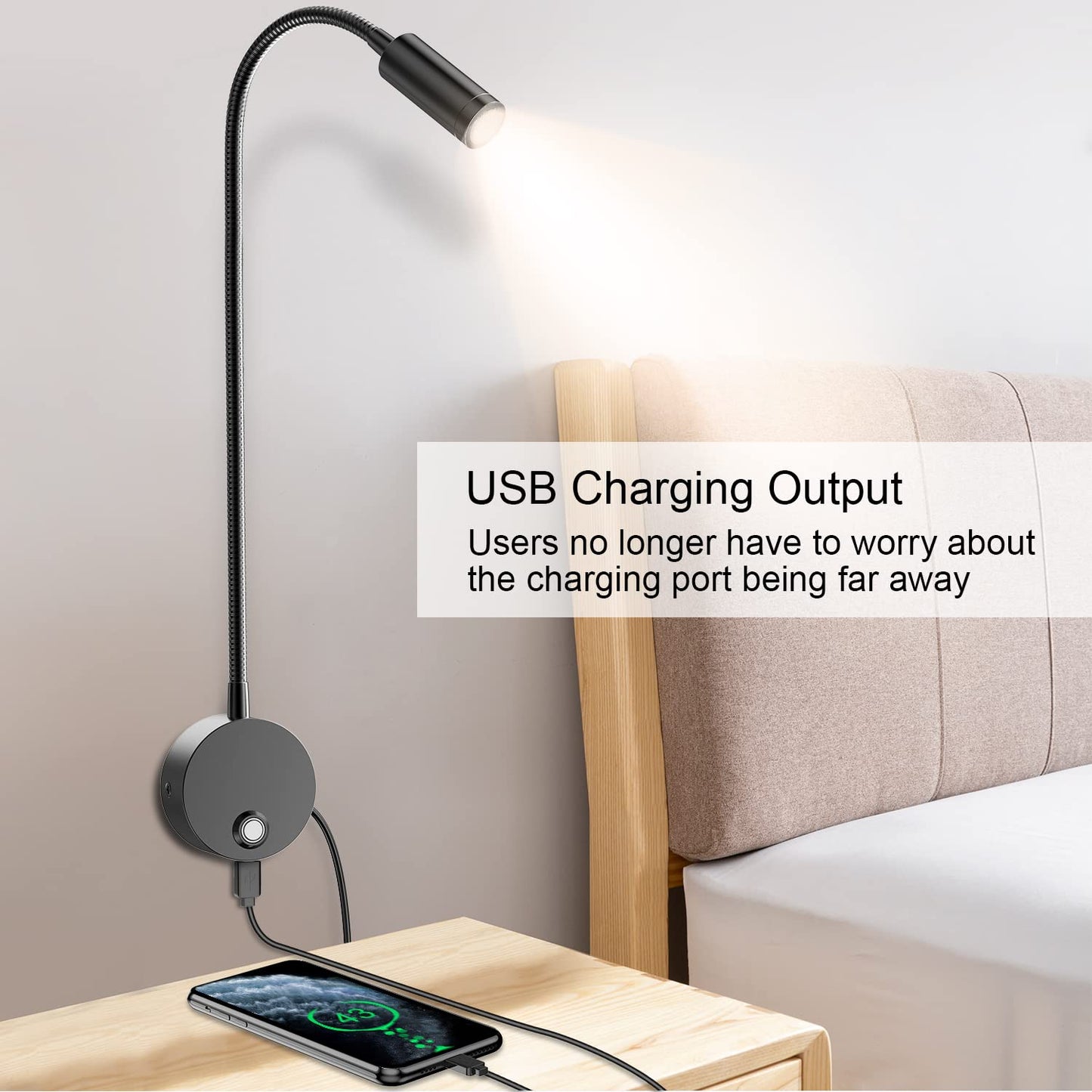 ERAY LED Wall Mount Reading Light, 15in Gooseneck, Dimmable, USB Charging, Aluminum, Black, Model E280-Leselampe