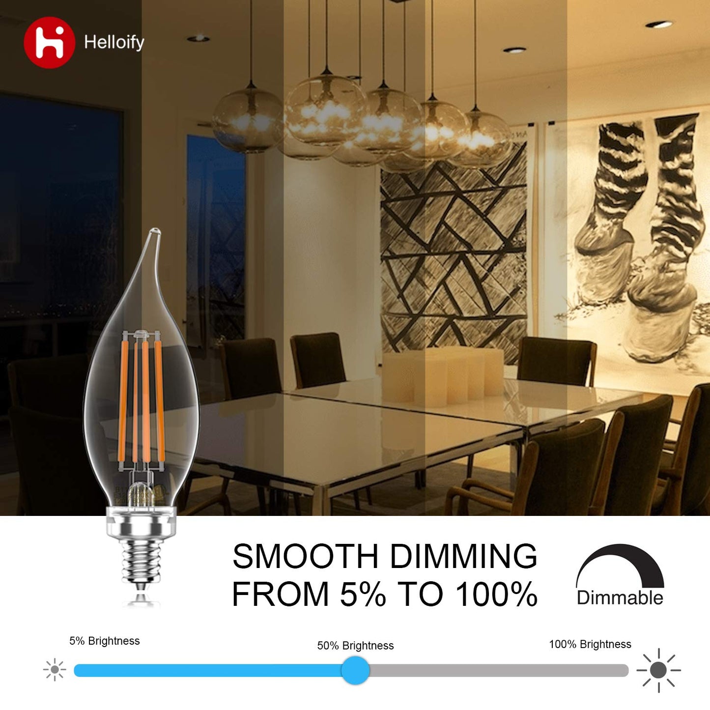 Helloify Vintage Led Edison Bulbs, 5.5W Dimmable, 2700K Soft White, E12 Base, 6 Pack, Clear Glass, 500Lm, Model Ba