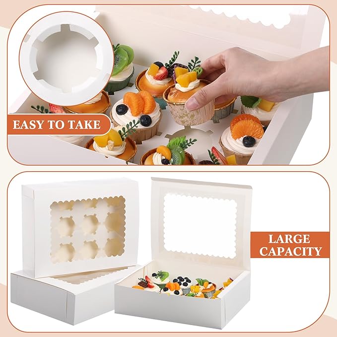 36 Pack Cupcake Boxes Hold 12 Count Christmas Disposable Cupcake Containers with Window and Cake Carrier with Thanks Card and Jute Rope to Muffins Cupcakes Cookies Gift Wrapping(White)