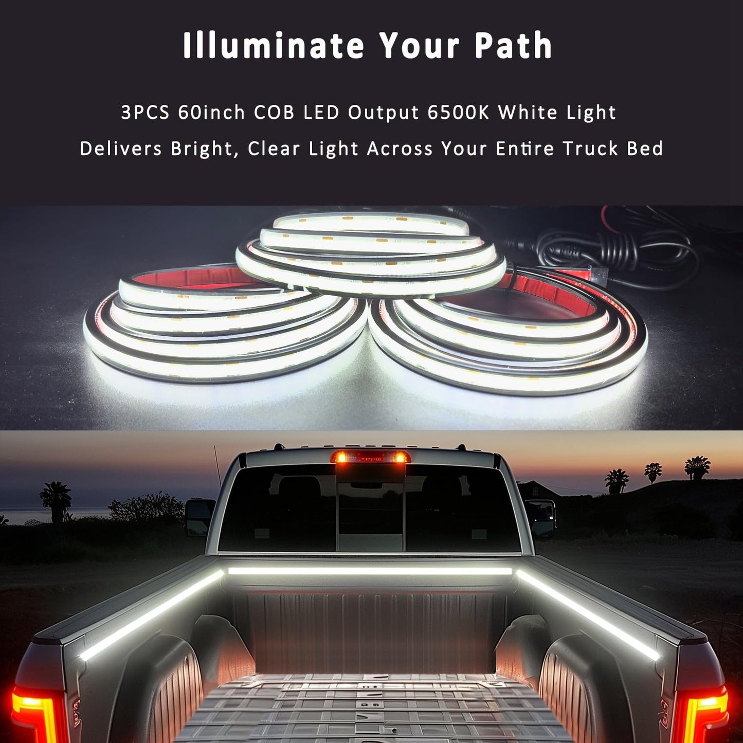 Autuneer Led Truck Bed Lights  3Pcs 60Inch 12V 6500K White Cob Waterproof Lights Strip With Switch cutting edge Fuse Splitter  Cool Accessories For Pickup Truck Camper Van Suv Rv Boat