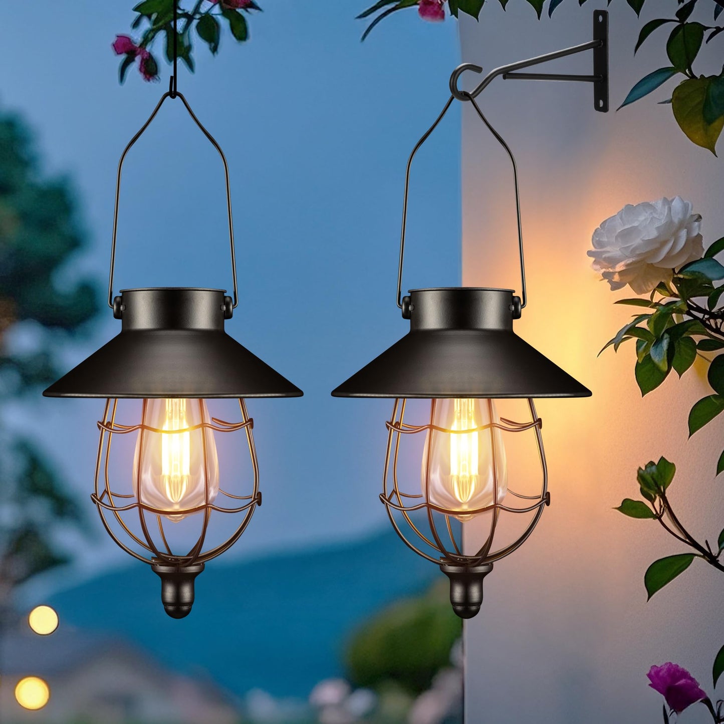 Pearlstar Solar Lanterns Outdoor Hanging Metal Vintage Lights, Waterproof Edison Bulb Design, Black, 2 Pack